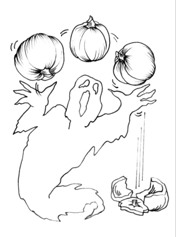 Online coloring book: Coloring page ghost is playing with pumpkins